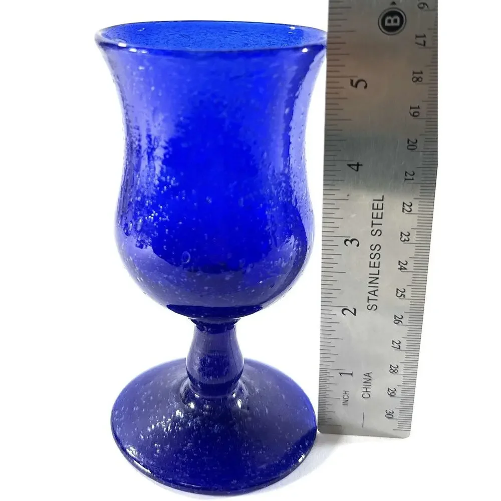 Vintage Cobalt Blue Hand Blown Glass Goblet Vase Controlled Bubble 5.5”